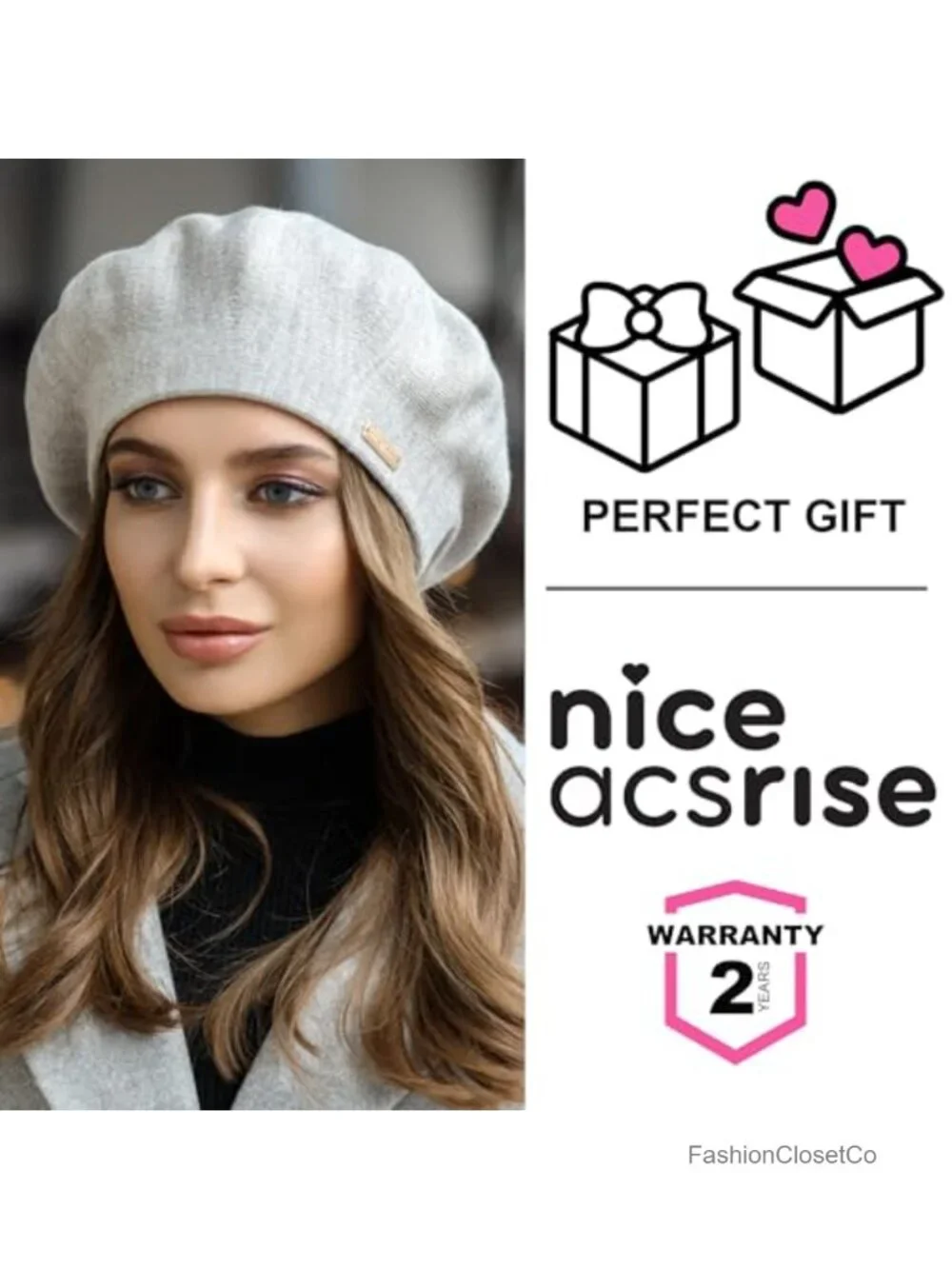 Wool Angora Knit Beret with Fleece Lining - Winter Hat